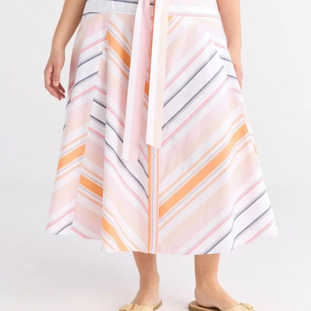 Elegant Striped A-line Midi Skirt in Pastel Hues with charcoal accents Womens M